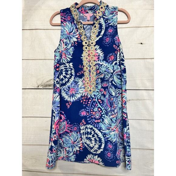 Lilly Pulitzer Jane Shift Dress Deep Indigo Gypsea Girl Blue Pink Gold Womens 4 - Picture 1 of 8